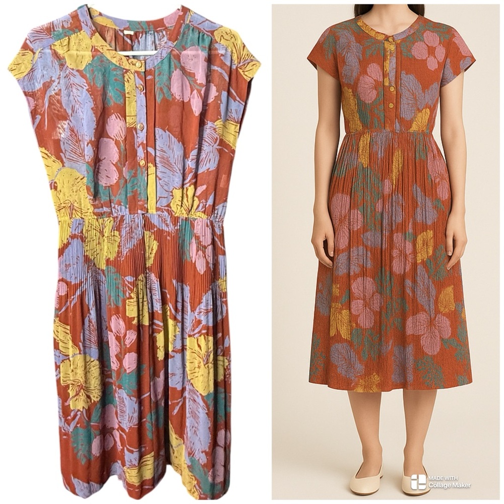 Floral Pleated Button-Front Midi Dress Orange Yellow Multicolor Boho Style